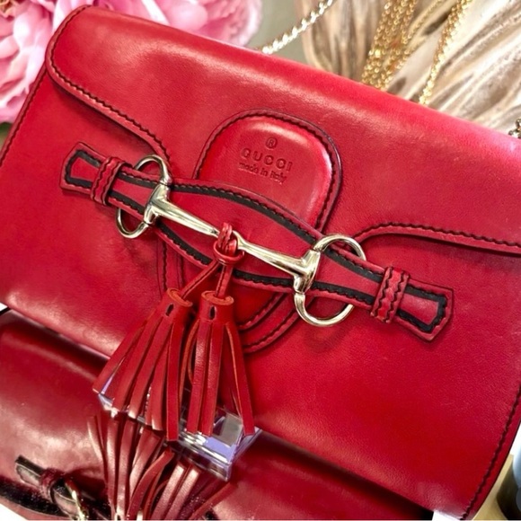 Gucci Handbags - Gucci Red Leather Crossbody with Tassel and Silver Hardware Horsebit